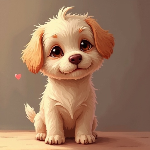 Portrait of a little sweet female dog. It has fluffy fur and a charming appearance. The dog sits with a heart icon nearby. The background is soft and warm in color.