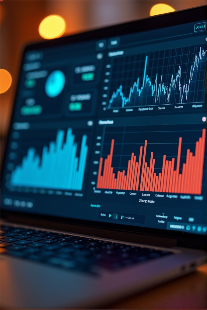 A laptop screen showing various colorful graphs and data charts.