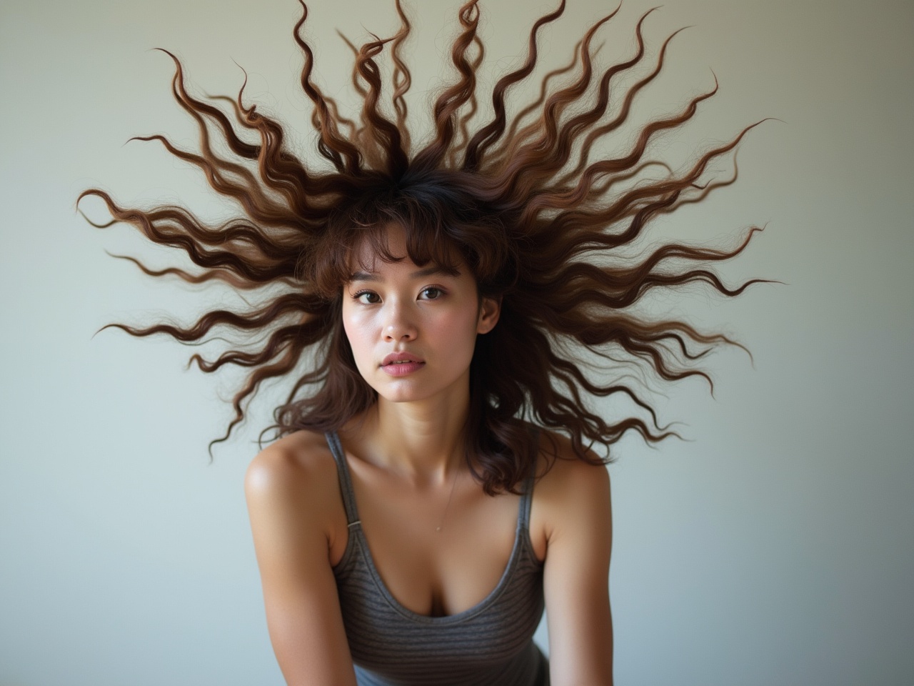 A person sits gracefully, showcasing their hair styled dramatically outwards, resembling a halo of curls. Their expression is calm yet engaging, inviting viewers in. The background is a soft neutral shade that complements the hair's rich color. The play of light accentuates the curls, adding depth and movement to the image. This portrait exemplifies creativity in hairstyling and photography, making it a striking visual.