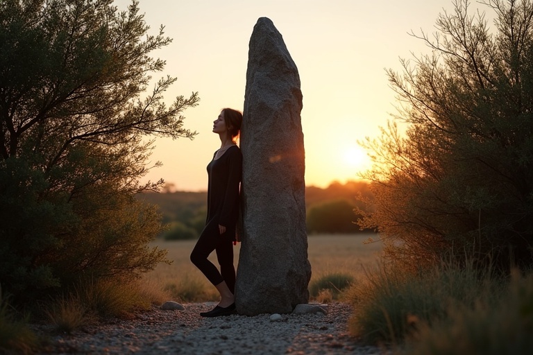 A menhir made of dark granite stands tall in a southern French landscape. The scene captures a warm, serene sunset. A young woman meditates beside the menhir, surrounded by dense shrubs and wild herbs. Evening light illuminates the landscape beautifully. 