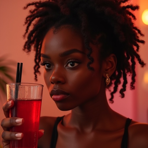 A shot shows a girl with box braids holding a red cocktail drink. The expression appears uneasy while she looks at someone. The background suggests a casual setting. A warm comfortable vibe is present.