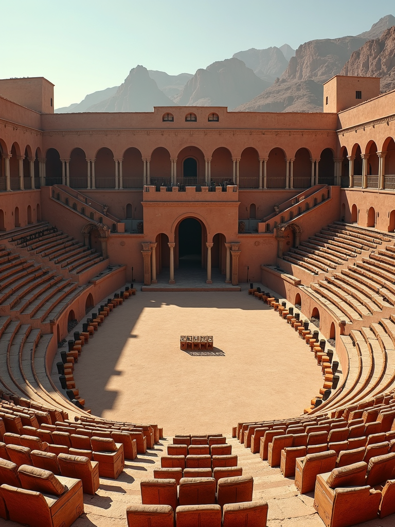 A sunlit, circular amphitheater with terracotta hues and tiered seating, surrounded by arched structures with distant mountain views.