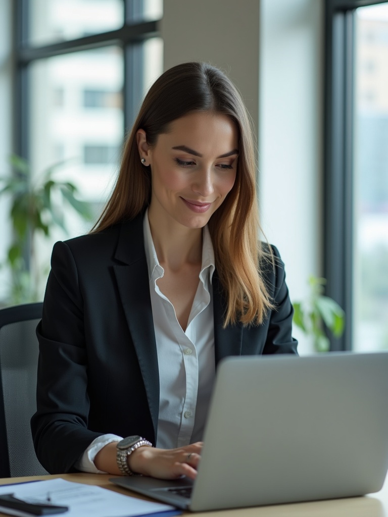 Professional woman wears a suit. She works on a laptop in a modern office environment. Bright natural lighting casts soft shadows. Plants decorate the workspace. Large windows frame a view of the city.