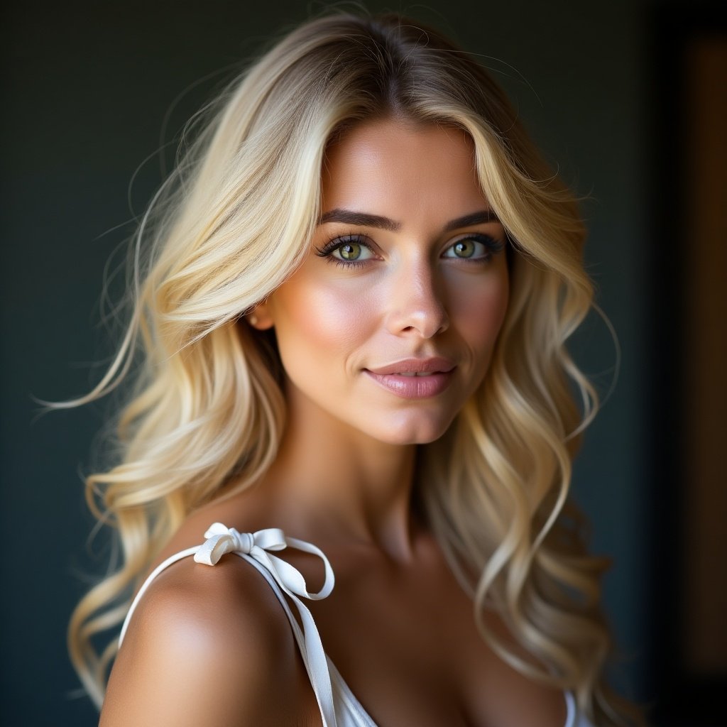 Portrait of a blonde woman wearing a white outfit. Soft lighting enhances her features. Focus on upper body and hairstyle.