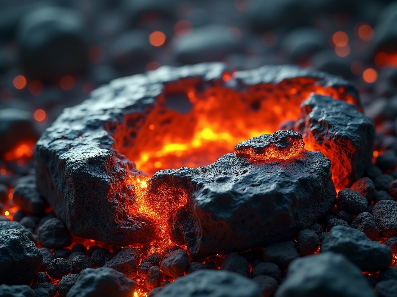 This image showcases a strong metal formation with glowing lava infused within it. The contrast between the dark, rugged surface of the metal and the bright, flowing lava creates a striking visual. The lava emits a warm orange and red glow, illuminating the surrounding dark rocks. This scene highlights the intense heat and energy typically found in volcanic environments. The close-up angle allows for an appreciation of the texture and detail of the materials involved. It evokes a sense of raw natural power and beauty.