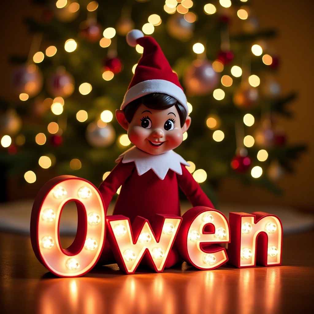 A joyful elf character in a red and white outfit spells the name 'Owen' with illuminated letters. The elf is in front of a decorated Christmas tree with twinkling lights. The scene has festive decorations and a warm, inviting atmosphere. The background is softly lit to enhance the cozy holiday feel.