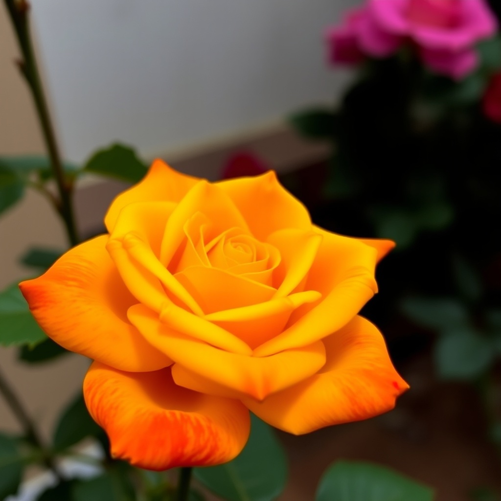 A vibrant orange rose in full bloom with a soft-focus background.