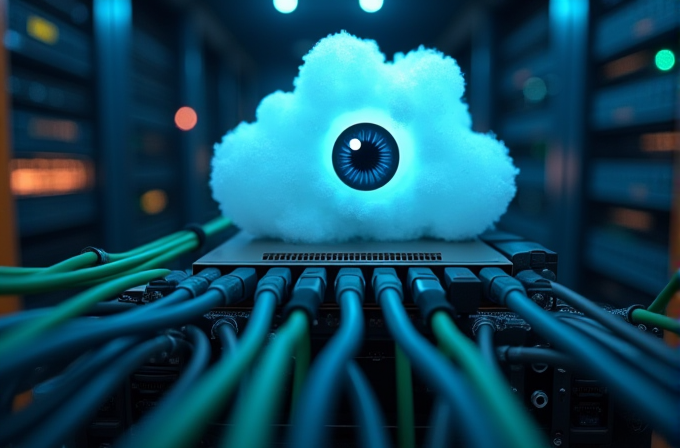 A cloud with a glowing eye hovers over connected network cables in a dimly lit server room.