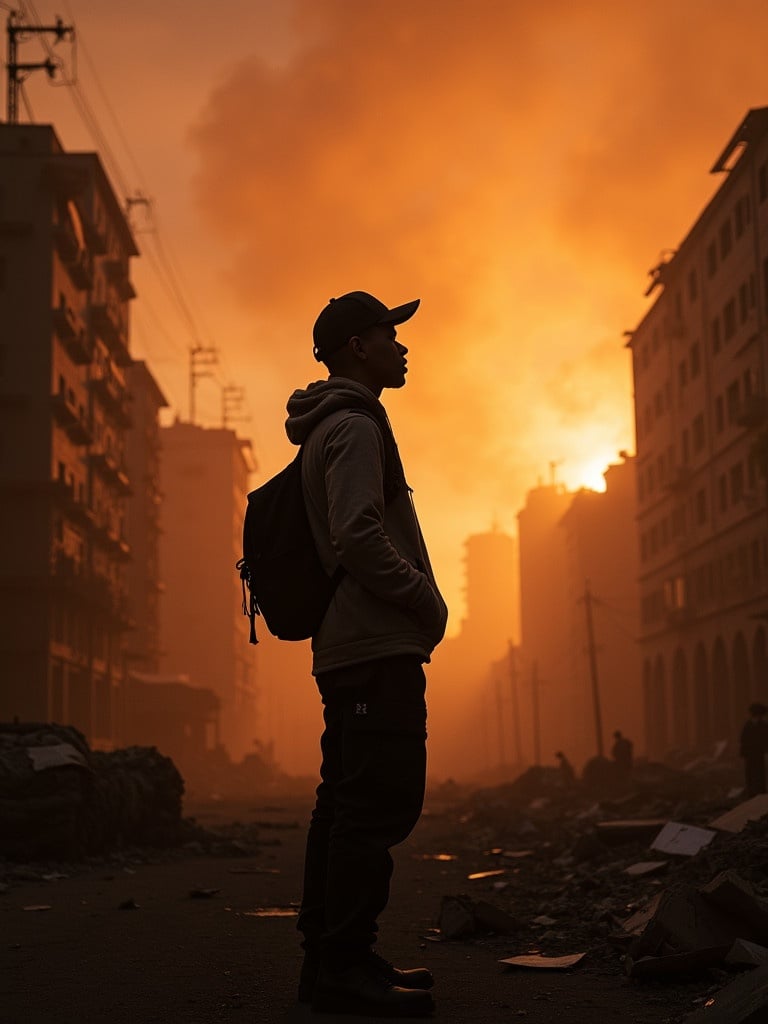 Teen stands silhouetted against a smoky background. Fire engulfs buildings. Scene captures a striking urban disaster ambiance. Dramatic lighting creates a contrast between the silhouette and the fiery backdrop.