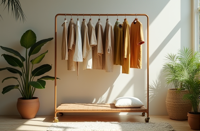 A wooden clothing rack with earth-toned shirts is positioned between lush green plants in a sunlit, minimalist room.