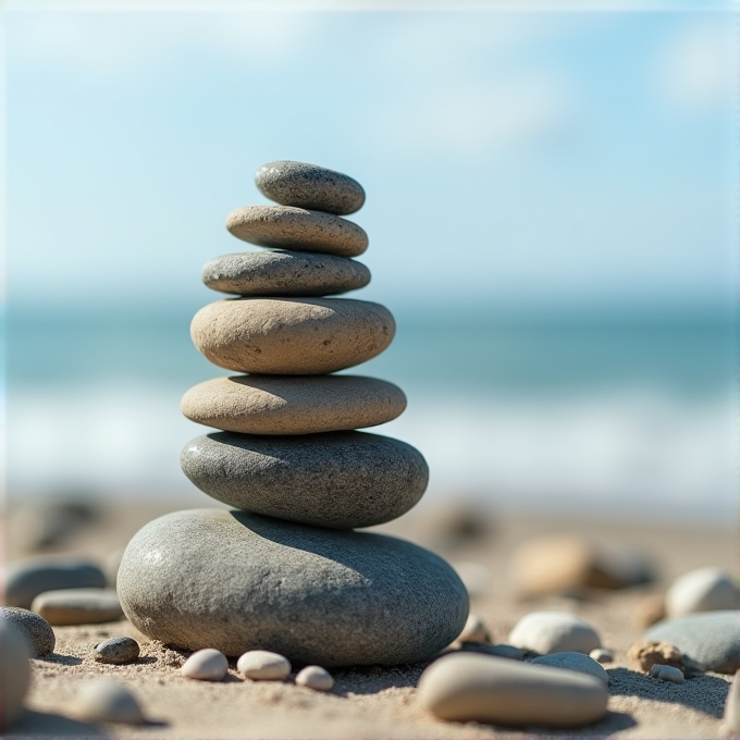 A stack of smooth stones sits on a sandy beach with the ocean in the background.