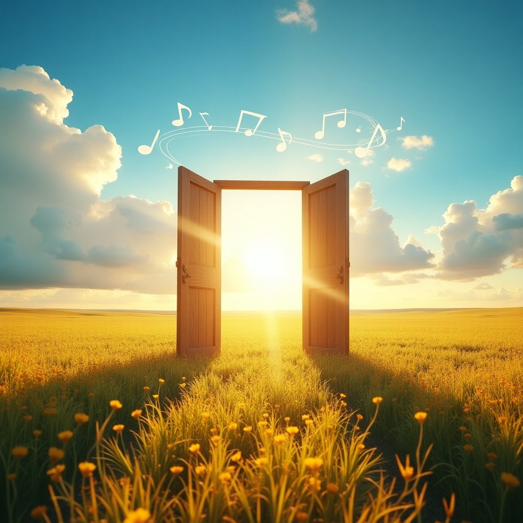 Open doors leading to a sunny landscape filled with flowers and musical notes floating in the air.