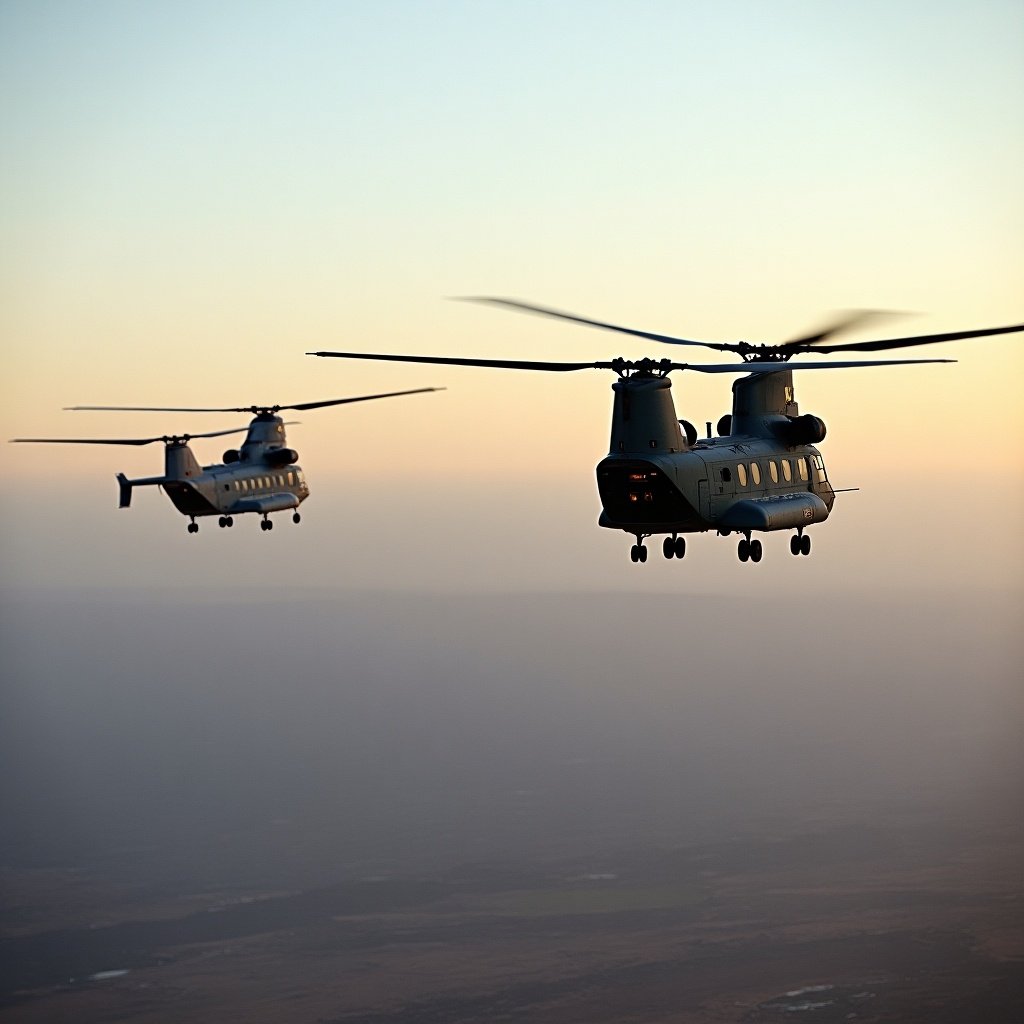 This image depicts two helicopters flying gracefully over the landscape of Cyprus. The helicopters, resembling a fusion of the Phoenix and Chinook designs, are seen in an aerial perspective. They traverse the sky during a stunning sunset, casting warm hues across the scene. The soft light enhances the silhouettes of the helicopters against the colorful backdrop. The scene captures a moment of military aviation in action, highlighting the blend of technology and nature.