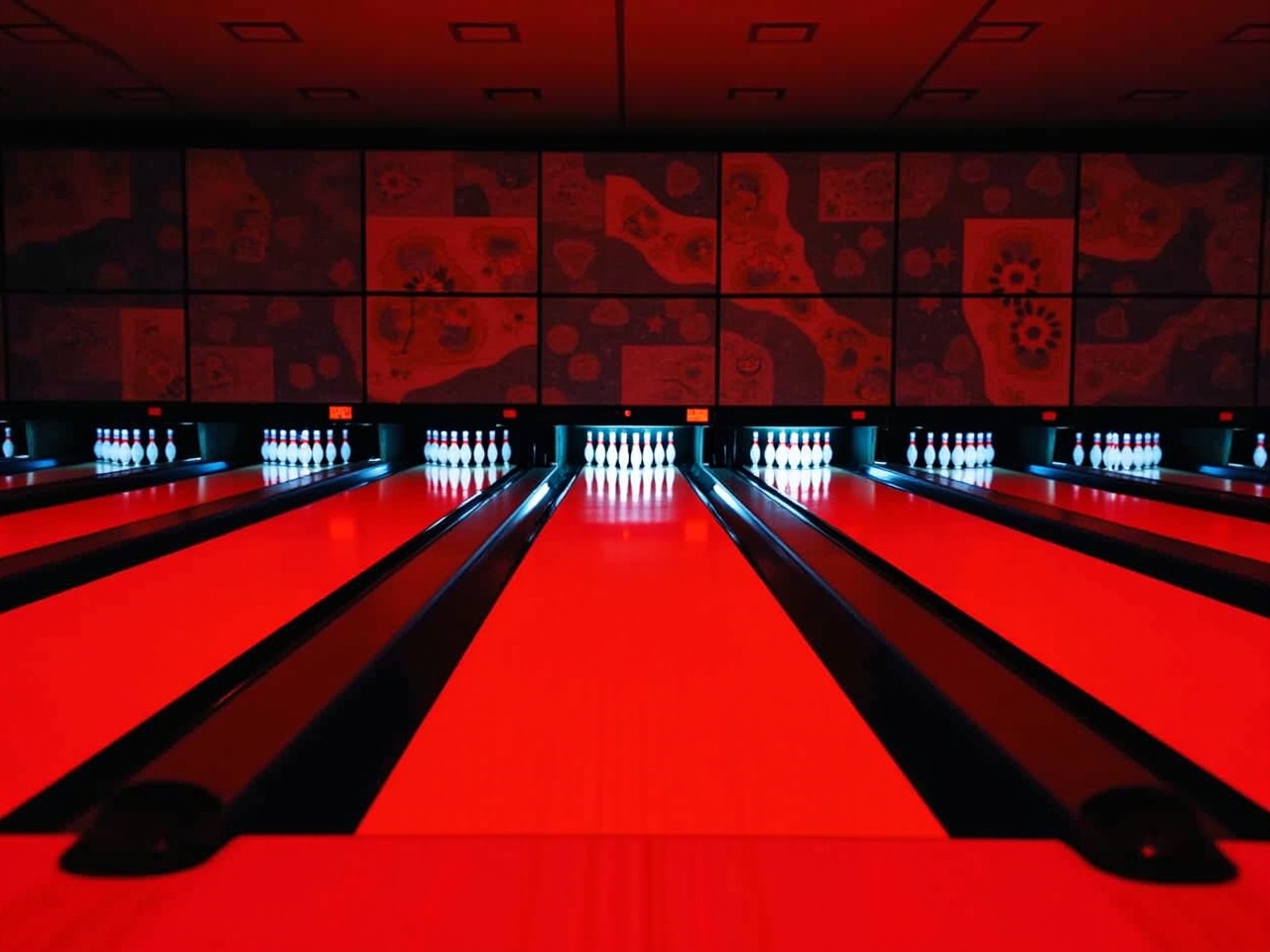 The image captures a striking view of a bowling alley illuminated predominantly by red lights. The lanes are black, creating a dramatic contrast against the vibrant red backdrop. Illuminated bowling pins line up at the end of the lane, highlighted by a cool blue light, enhancing the futuristic atmosphere. The bowling alley environment feels modern and appealing, drawing attention to the unique color palette. This setup invites both casual and competitive bowlers to enjoy a lively game night in a contemporary setting.