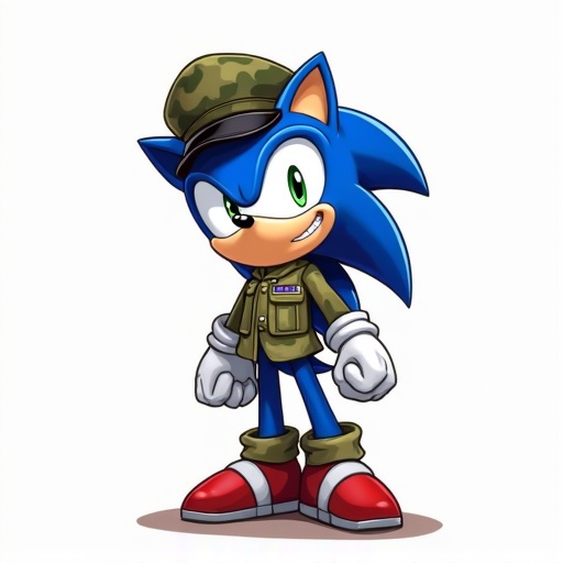 Draw Sonic in military uniform including peaked cap and fatigues.