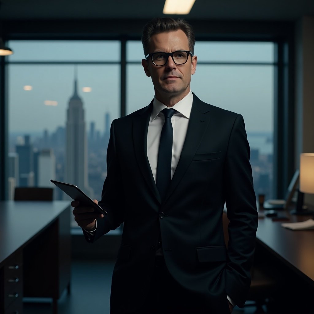 A suited man stands confidently in a modern office space. He holds a tablet and gazes directly at the camera. The backdrop features a large window with a city skyline that includes the Empire State Building. Natural light illuminates the scene, creating a sophisticated atmosphere.