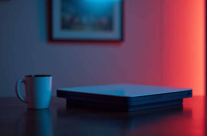 A closed laptop and a white mug sit on a table with a blue and red backdrop.