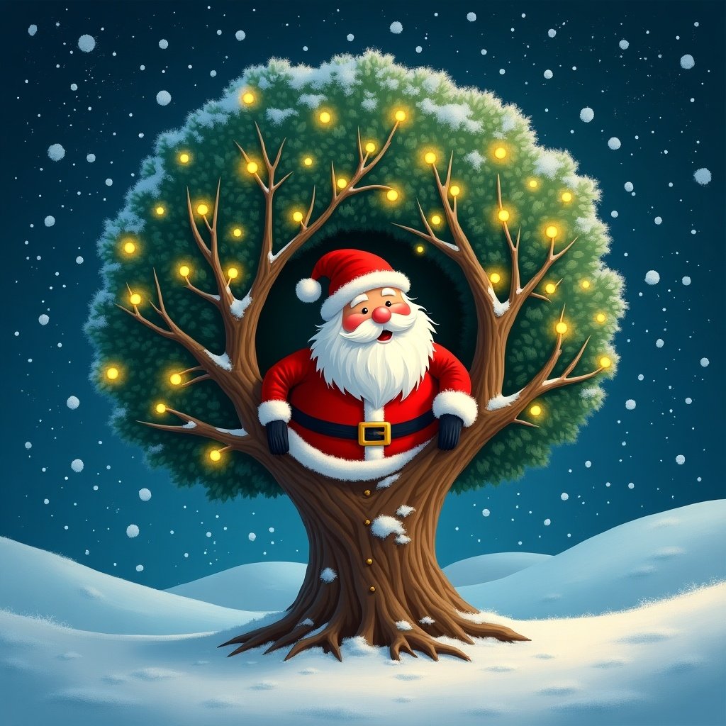 Santa Claus character emerging from a large tree, snow-covered landscape, nighttime setting with snowflakes falling.