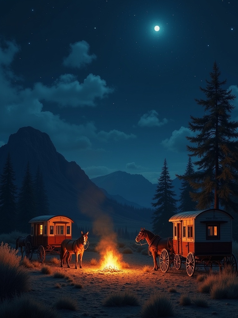 Night landscape featuring two stagecoaches with horses near a wood fire under a starry sky