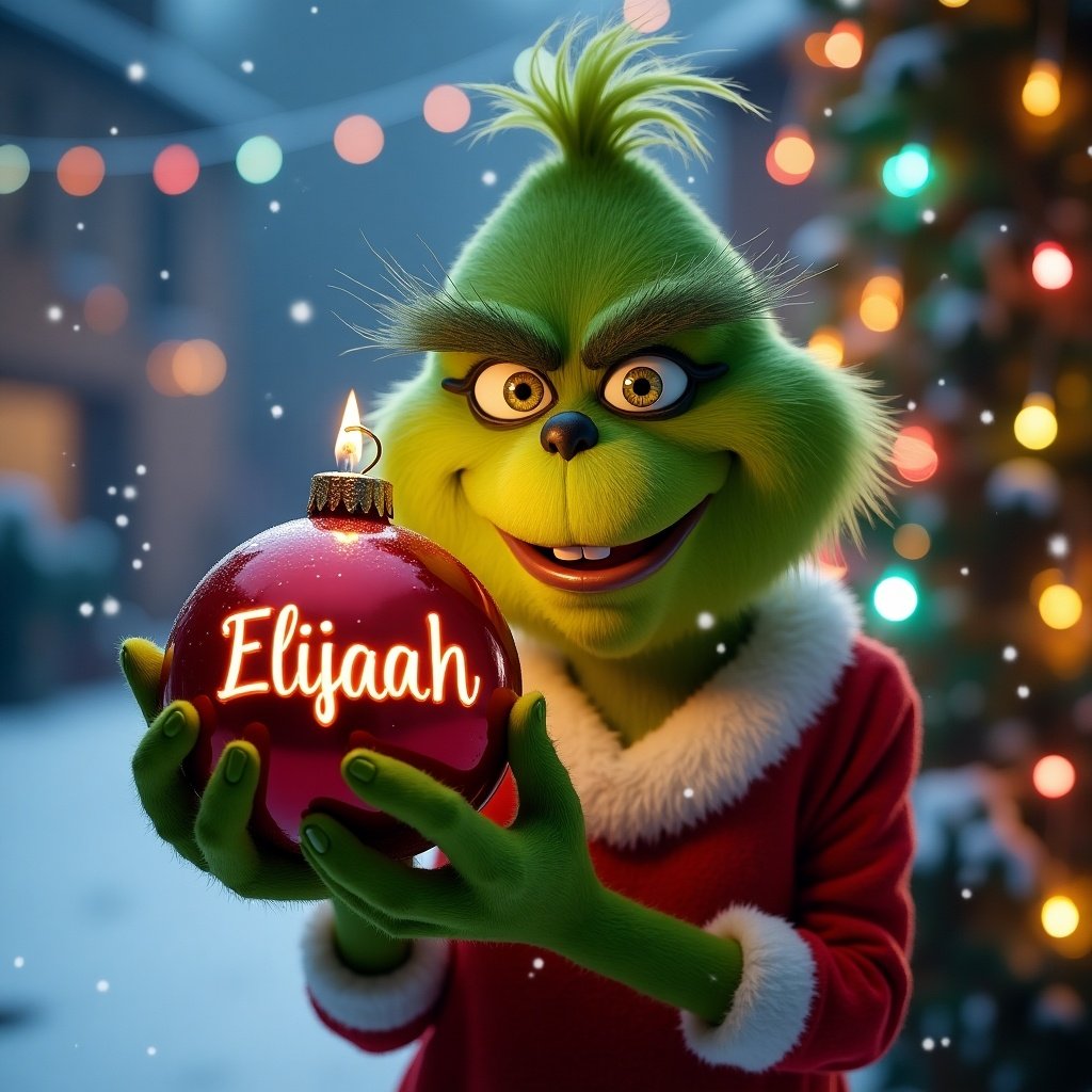 Grinch character holds a Christmas bauble. Bauble features the name Elijah. Snowy backdrop with colorful Christmas lights.