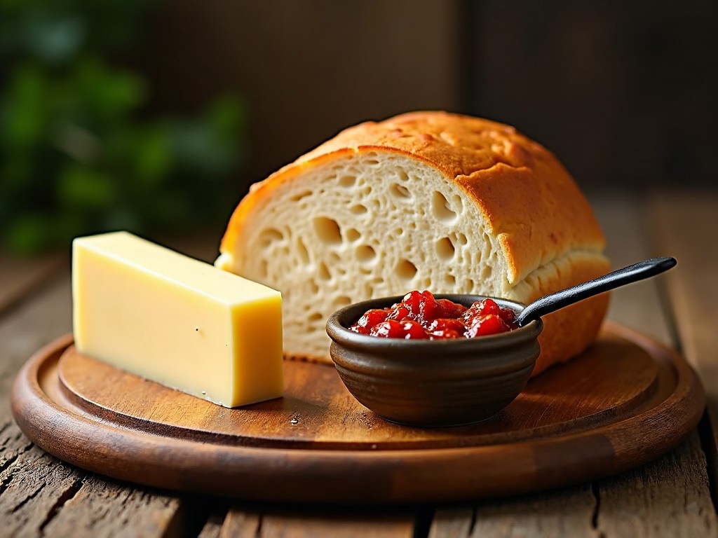 The image features a rustic presentation of food, including a freshly baked loaf of bread, a block of cheese, and a small bowl of strawberry jam. The bread is sliced open to reveal its soft, airy texture. The cheese block is smooth and creamy looking, while the jam adds a vibrant splash of red. This composition is arranged neatly on a wooden cutting board, enhancing its artisanal appeal. The background is softly blurred, emphasizing the food in the foreground and creating a warm, inviting atmosphere.