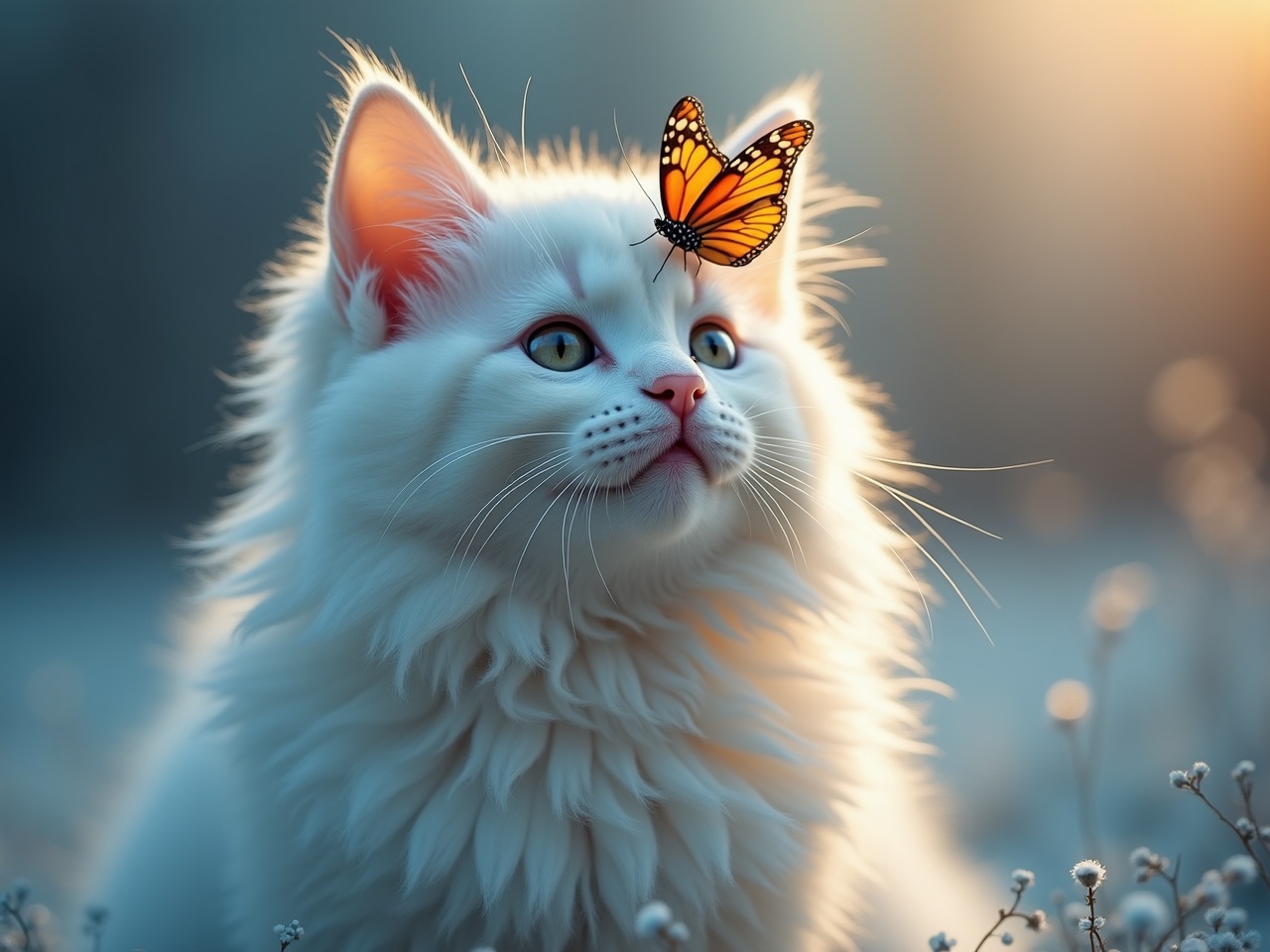 A fluffy white cat with a butterfly perched on its nose in a serene setting.