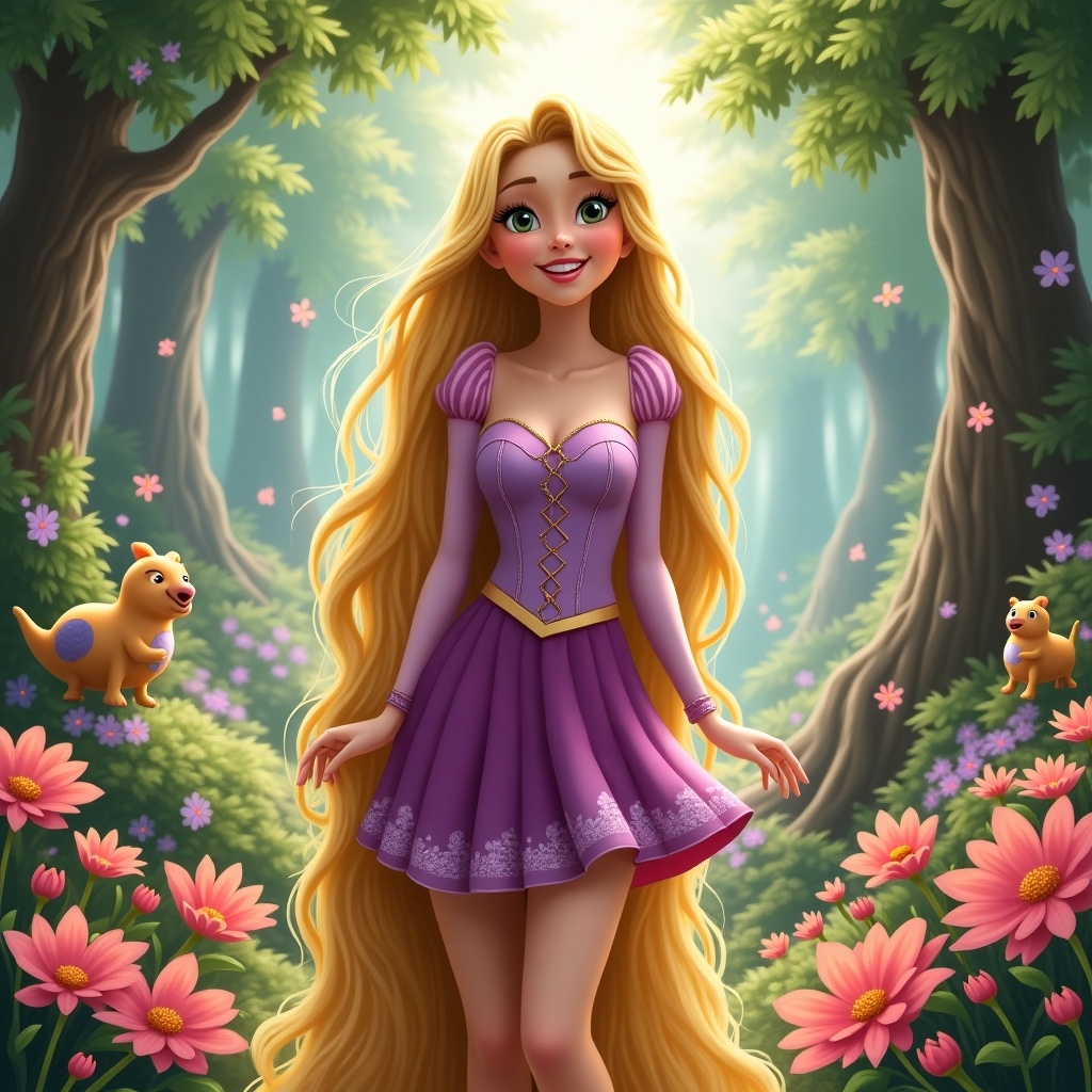 The image depicts Rapunzel in a vibrant forest. She is wearing a mini skirt and has her long hair flowing elegantly around her. The background features bright flowers and cute animals, adding to the whimsical nature of the scene. Soft light shines through the trees, creating a magical atmosphere. The overall mood is cheerful and enchanting, inviting viewers into a fairy tale world.