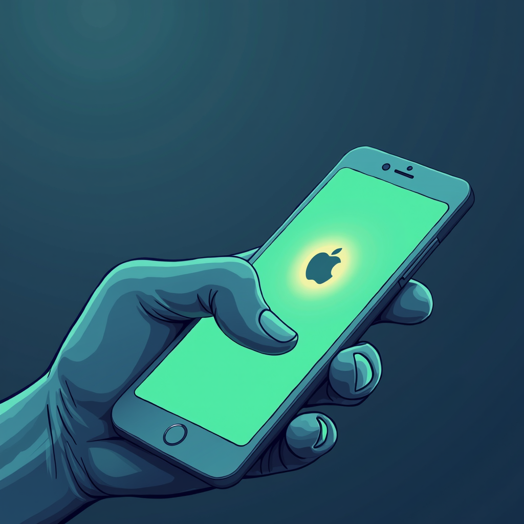 A blue-tinted hand holds a smartphone with a glowing Apple logo on a neon green screen, against a dark background.