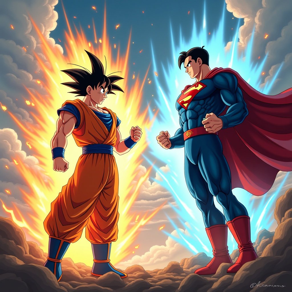 Goku faces Superman in an epic battle. Both characters showcase their iconic styles. Dynamic poses and energy effects are present. The setting features clouds and vibrant colors.