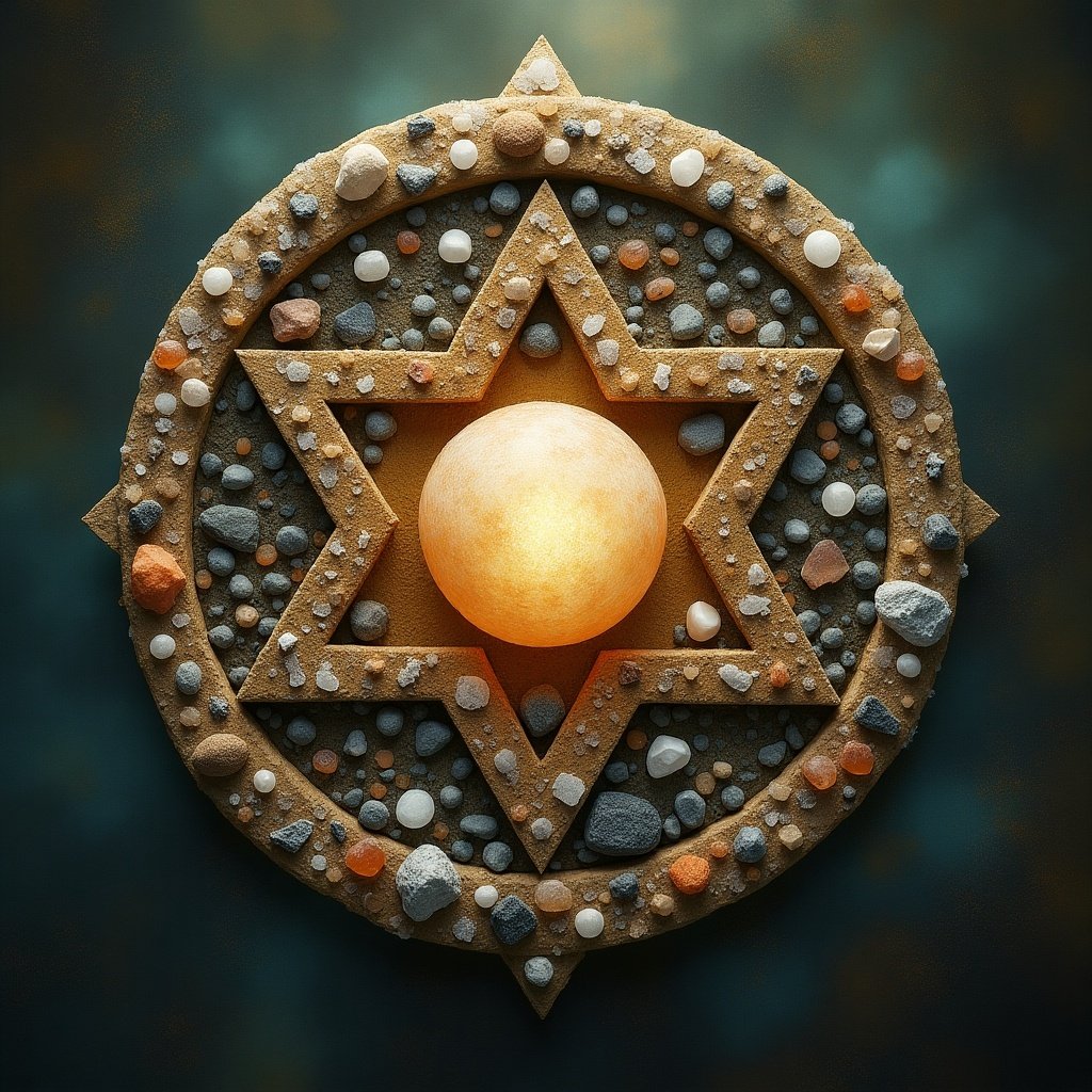 Visual representation of earth protection and grounding. Combination of salt rocks and earth alchemy symbols. Central glowing sphere surrounded by a geometric design.