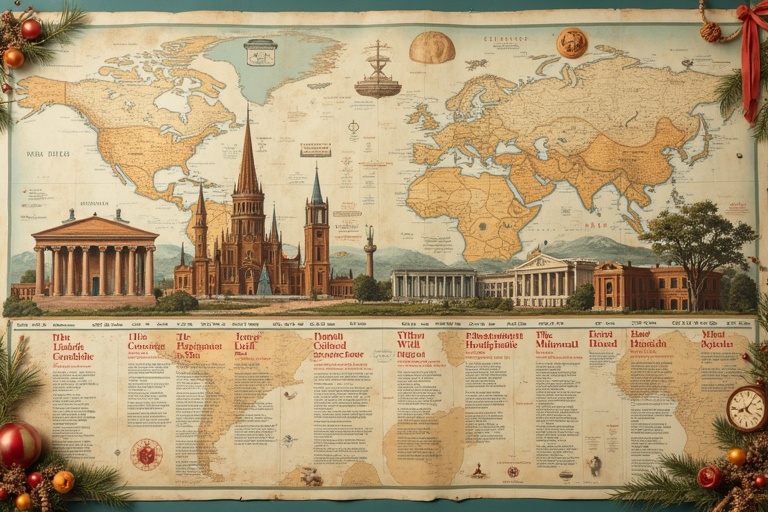 A detailed illustrated world map featuring historical landmarks. Unique architecture from different countries. Timeline of important events at the bottom. Rich colors and vintage style.