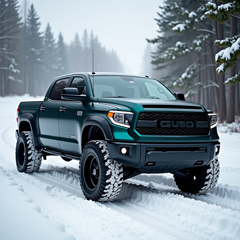 A rugged green pickup truck with large tires is parked on a snowy trail surrounded by towering pine trees.