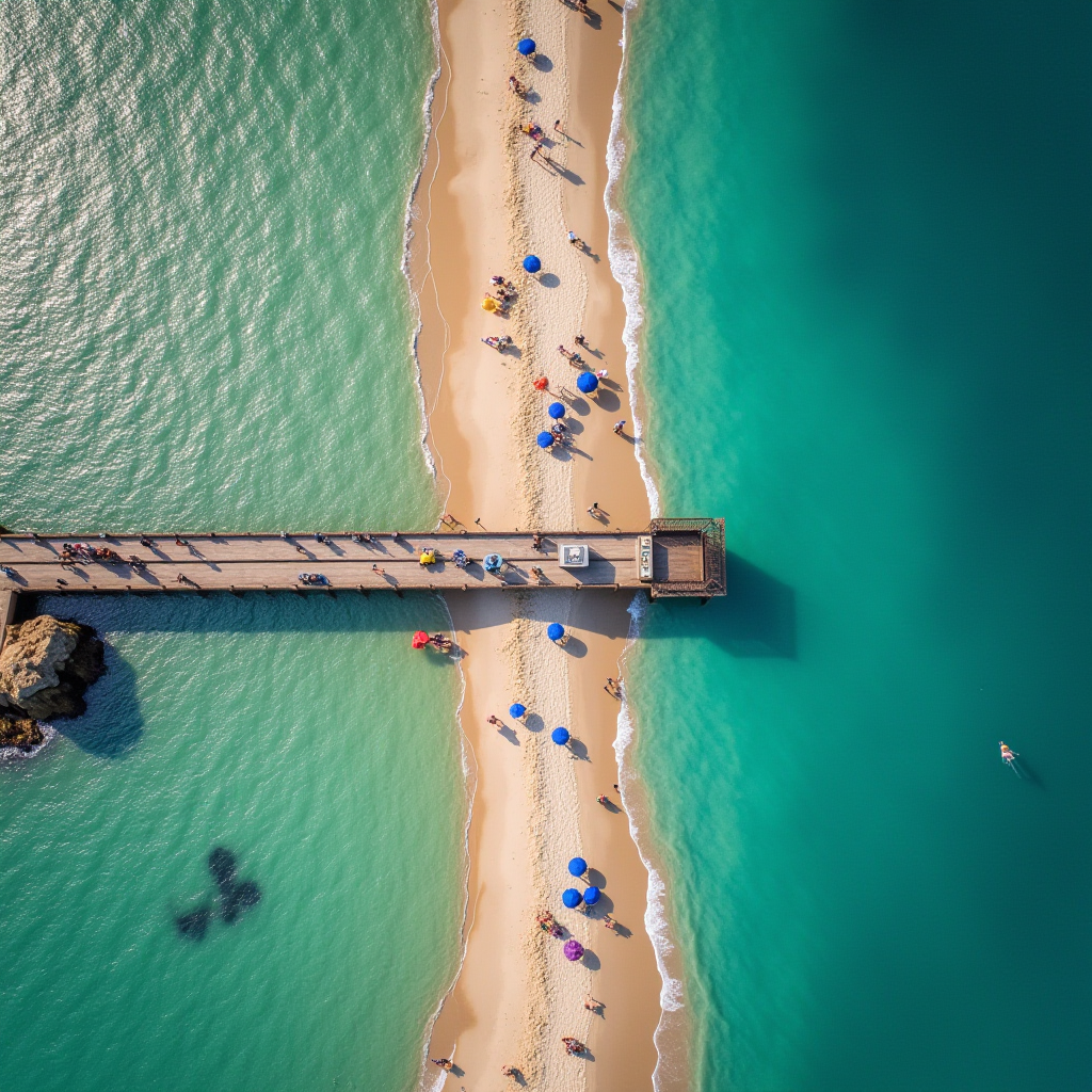 Aerial view of a narrow sandy beach with blue umbrellas, surrounded by turquoise water, and a pier extending over the sand.