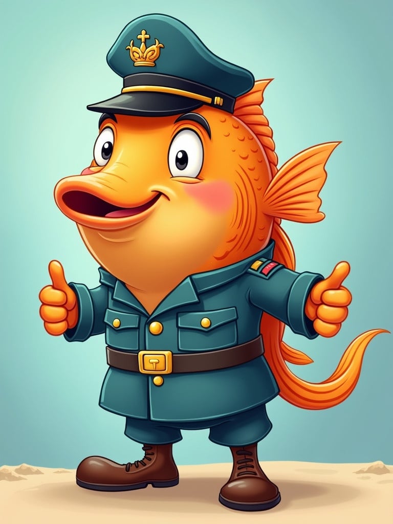 Image shows a comical cartoon fish dressed in military uniform. Character looks cheerful with a thumbs up gesture. Fish has vibrant orange color and wears a blue uniform with colorful details. Background is light and pleasant.