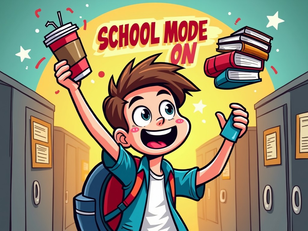 This vibrant illustration features an enthusiastic schoolboy in a hallway, celebrating by holding books in one hand and a beverage in the other. He is surrounded by lockers, with the text 'School Mode On' prominently displayed above. The bright, cheerful colors and exaggerated expressions convey excitement and positivity about school life.