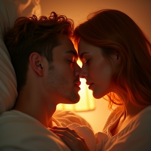 A couple leans in for a kiss in a warm light. They are close together showing affection. The scene evokes love and a strong connection.