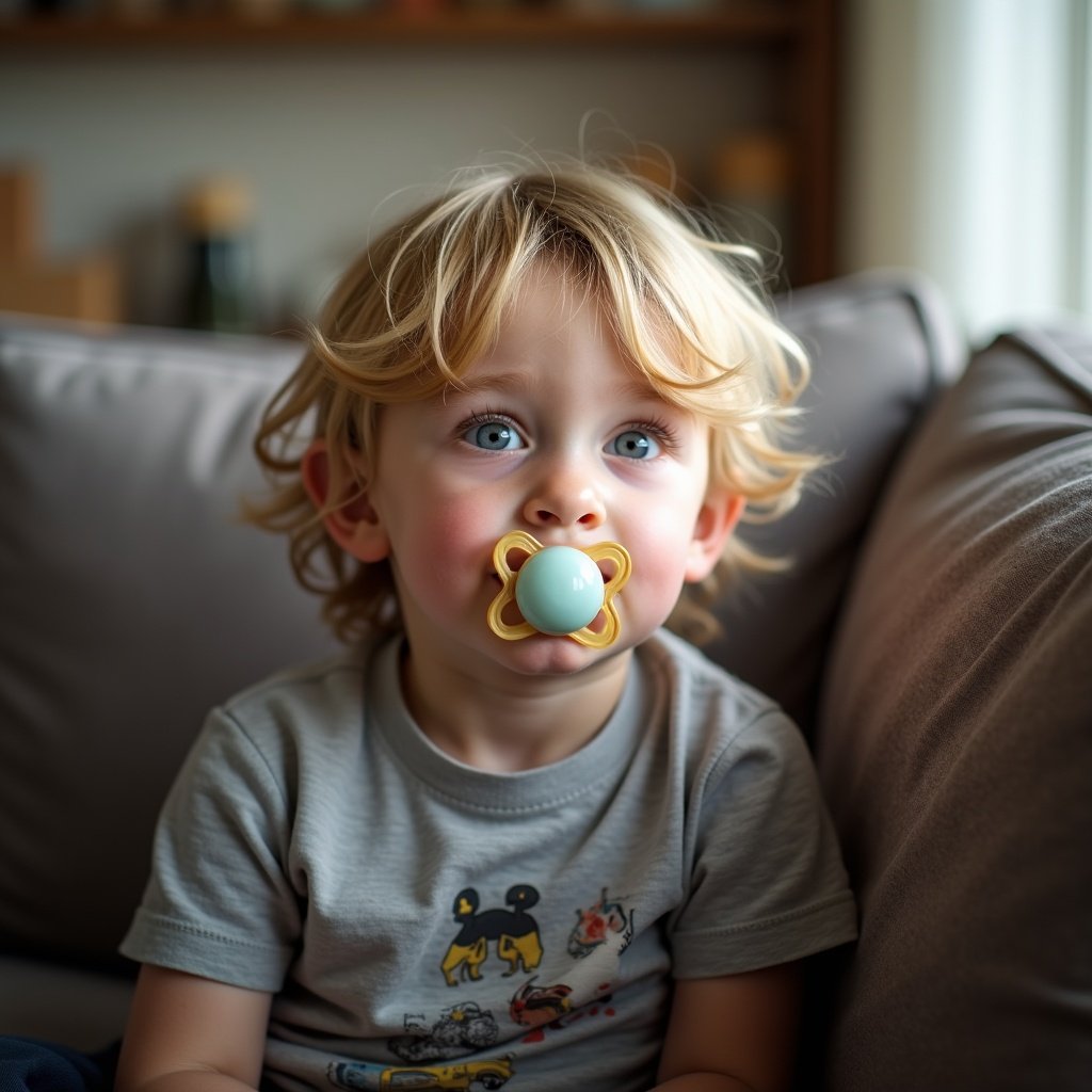 A pre-teen boy with blonde hair is sitting on the couch. The boy has a pacifier in his mouth. The scene is lit by soft natural lighting. The atmosphere feels cozy and warm.