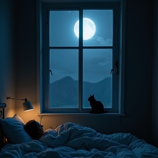 A person sleeping in a bedroom with a black cat by their face. Moonlight illuminates the room. Outside mountains are visible through the window.