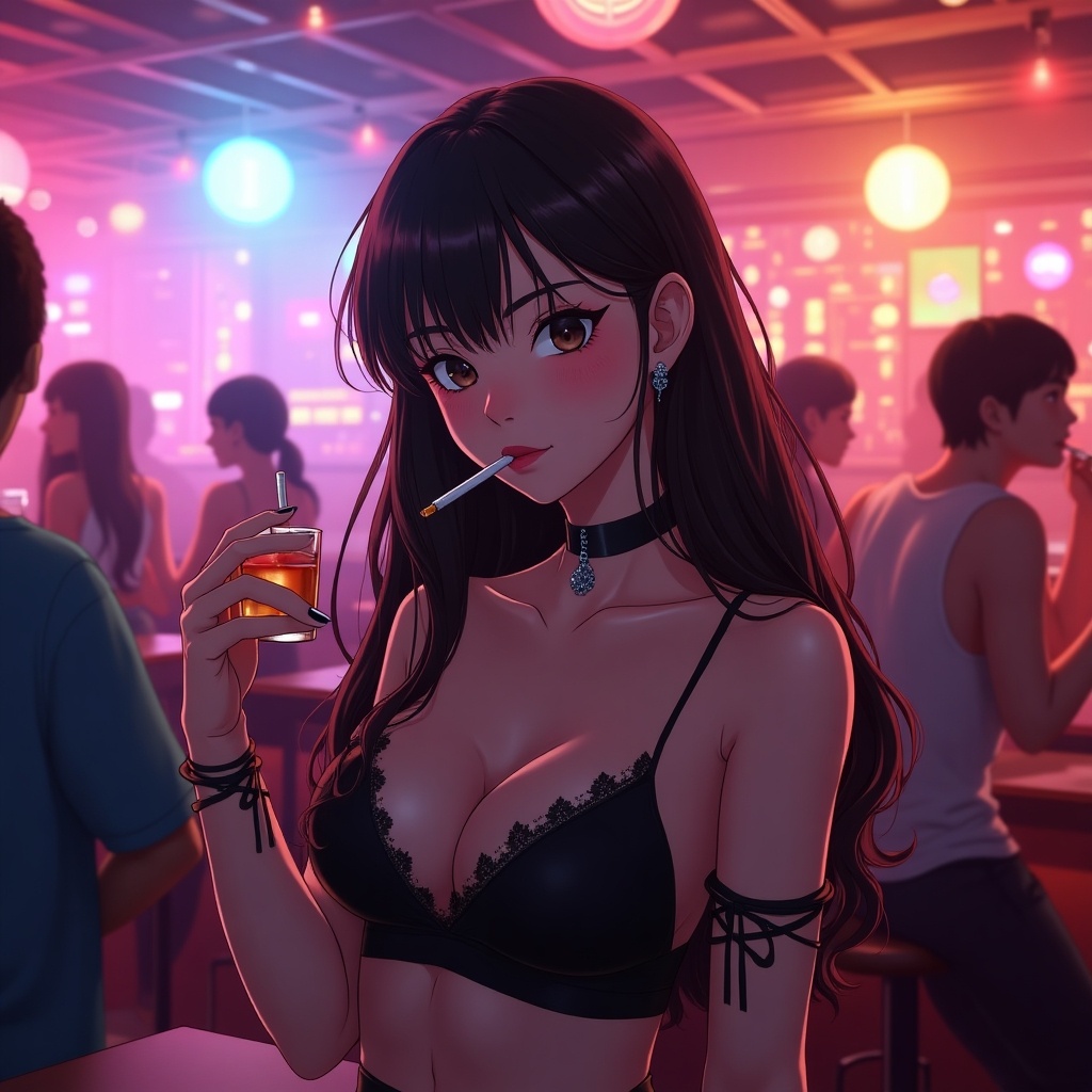 Anime Korean girl wearing a black lace outfit holding a drink in a lively club atmosphere. Background features people enjoying the vibrant nightlife with colorful neon lights.