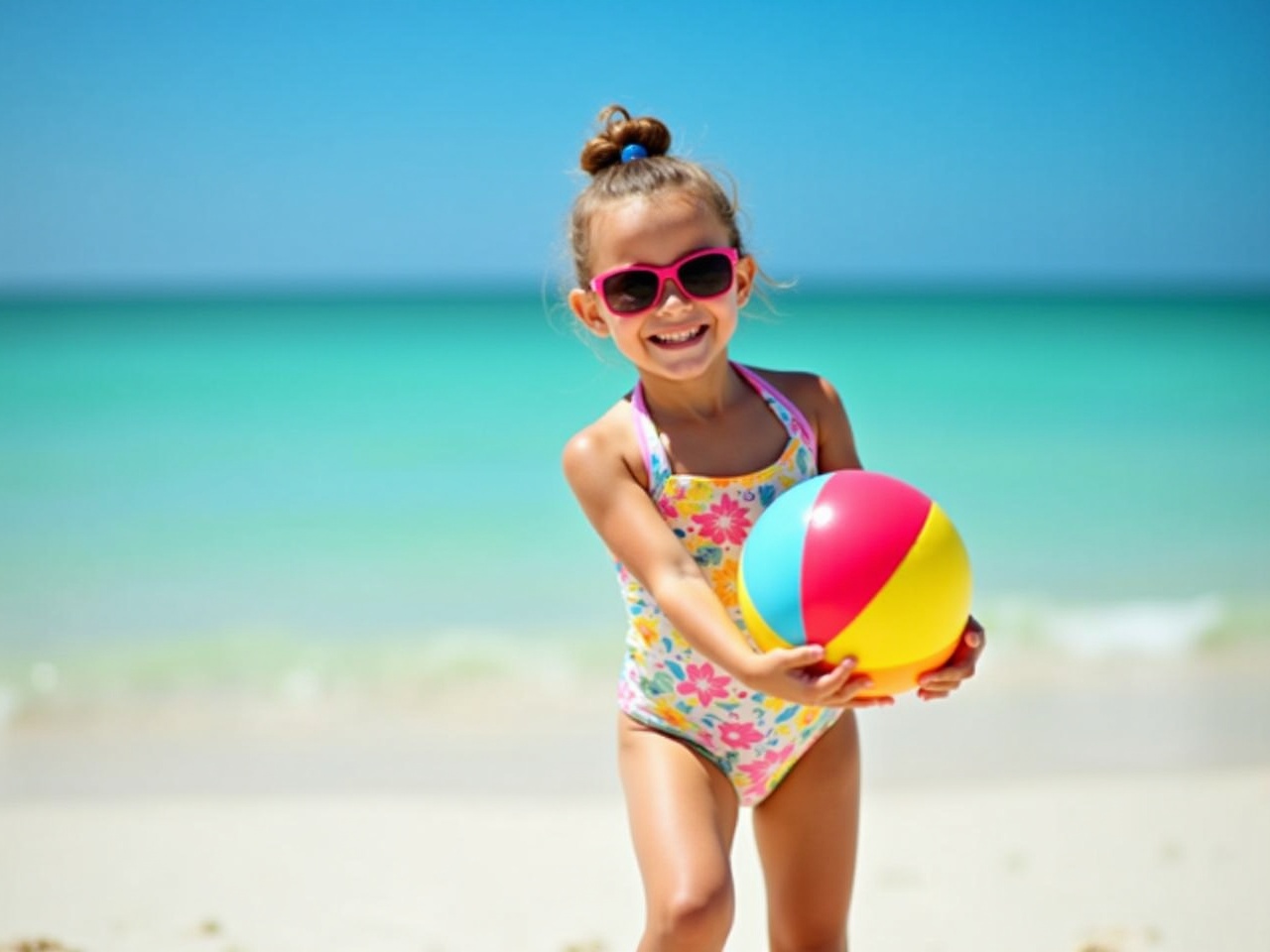 A young girl stands on a sandy beach, joyfully holding a colorful beach ball. She wears a bright floral swimsuit and stylish sunglasses, radiating happiness. The backdrop features a beautiful turquoise sea under a clear blue sky. The sun shines brightly, enhancing the vibrant colors of the scene. This image captures the essence of summer playfulness and family fun at the beach.