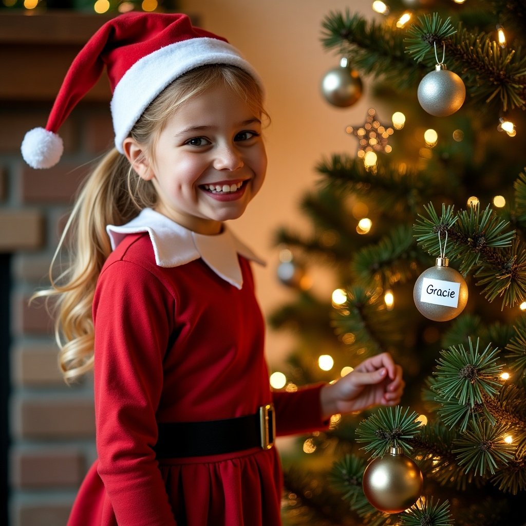 A joyful girl dressed as a Christmas elf stands by a beautifully decorated Christmas tree. She is wearing a red dress with a white collar and a festive Santa hat. The tree is adorned with ornaments and twinkling lights, creating a warm holiday atmosphere. One of the ornaments features the name Gracie, personalizing the festive scene. The girl's cheerful smile radiates the joy of the Christmas season.