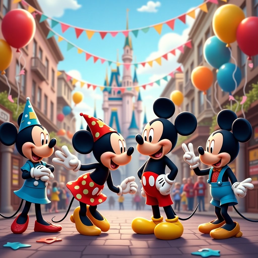 Colorful celebration scene with Mickey Mouse characters. Four Mickey Mouse characters wearing festive outfits. Background features a castle and festive decor. Bright atmosphere with balloons and flags.