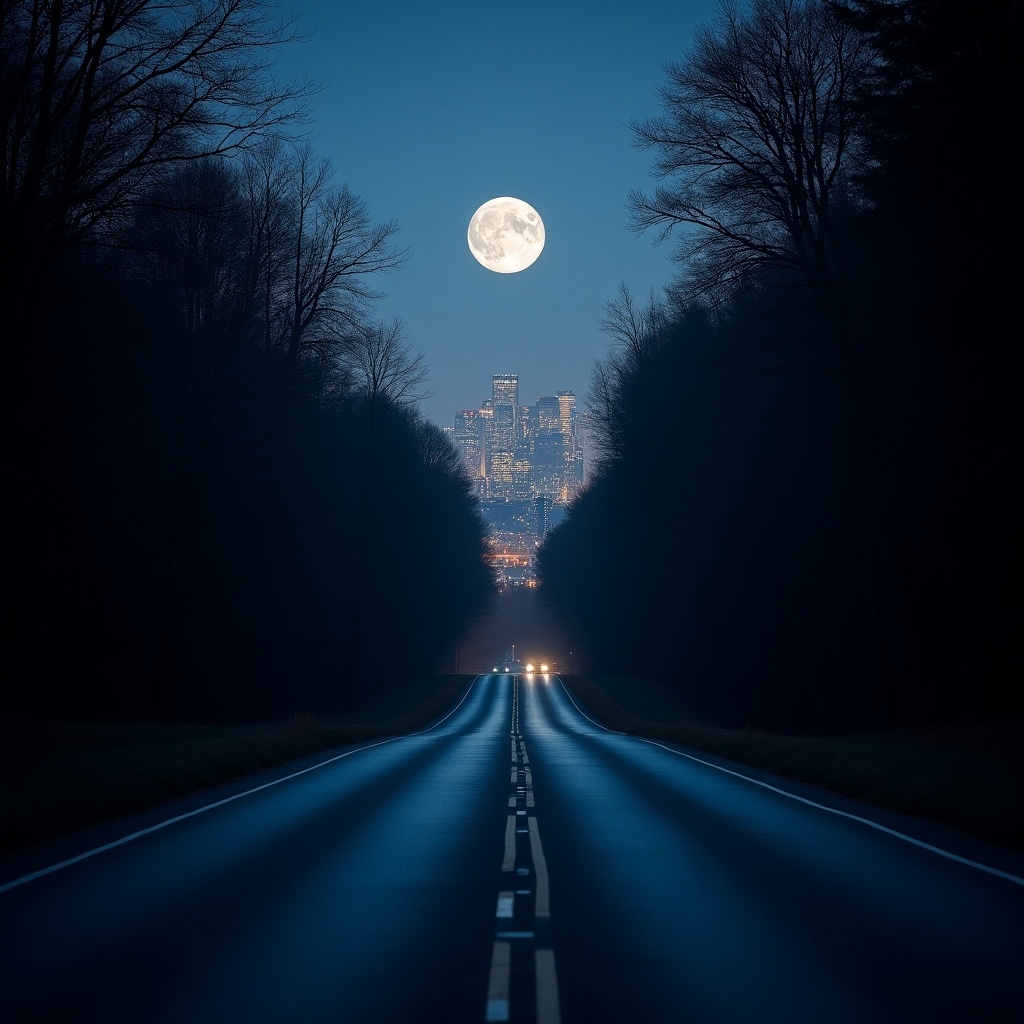 Serene moonlit road descends through trees towards illuminated city skyline. Full moon shines brightly overhead. Night scene evokes calmness and beauty.