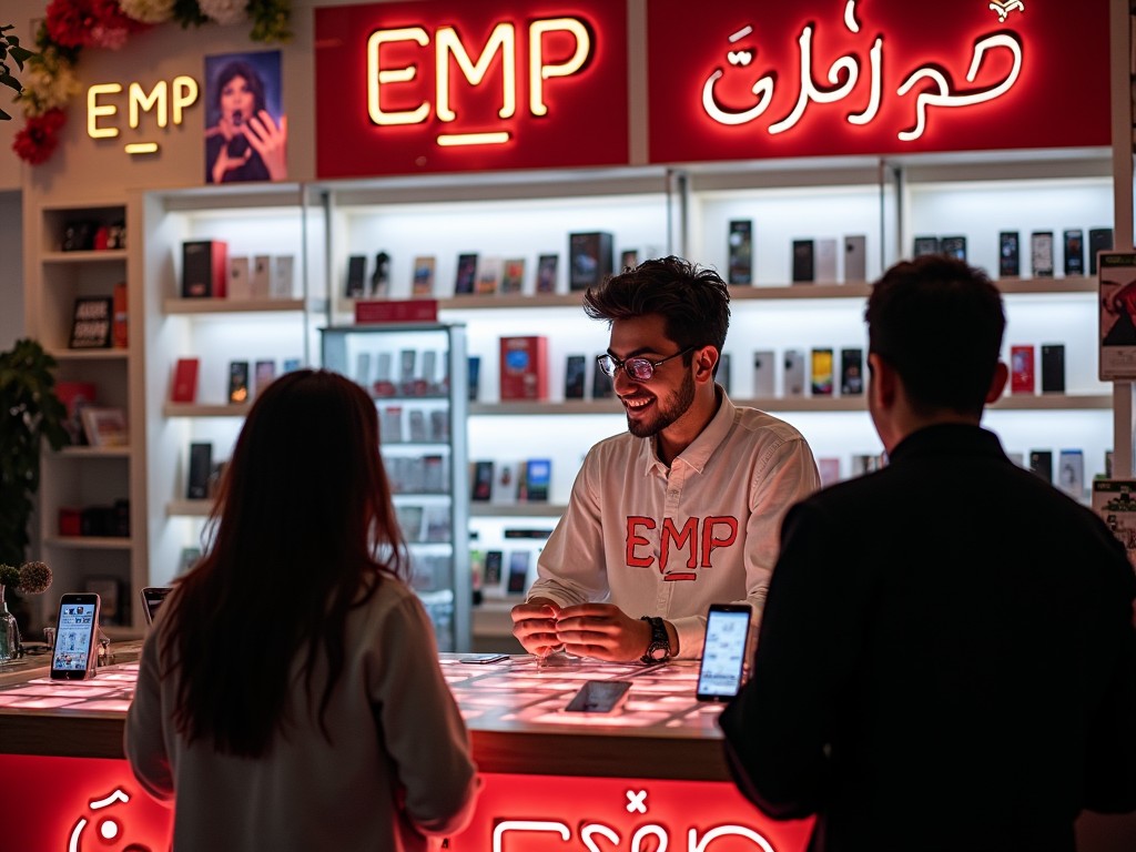 A lively smartphone store with neon signs, where clerks are enthusiastically assisting customers.