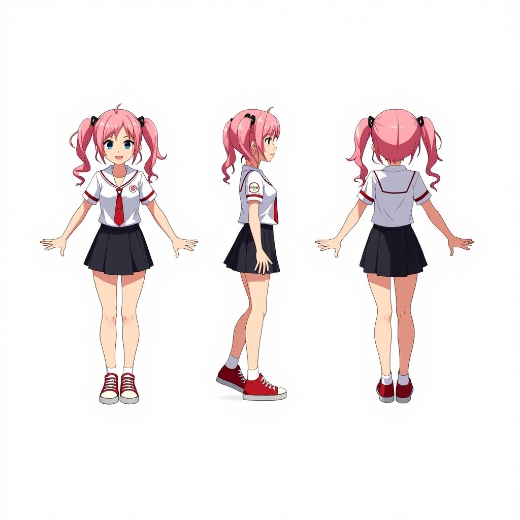 Anime character design in three views. Cheerful appearance with pink hair in twin ponytails. Wearing EMT uniform, stylish black skirt, and red sneakers.