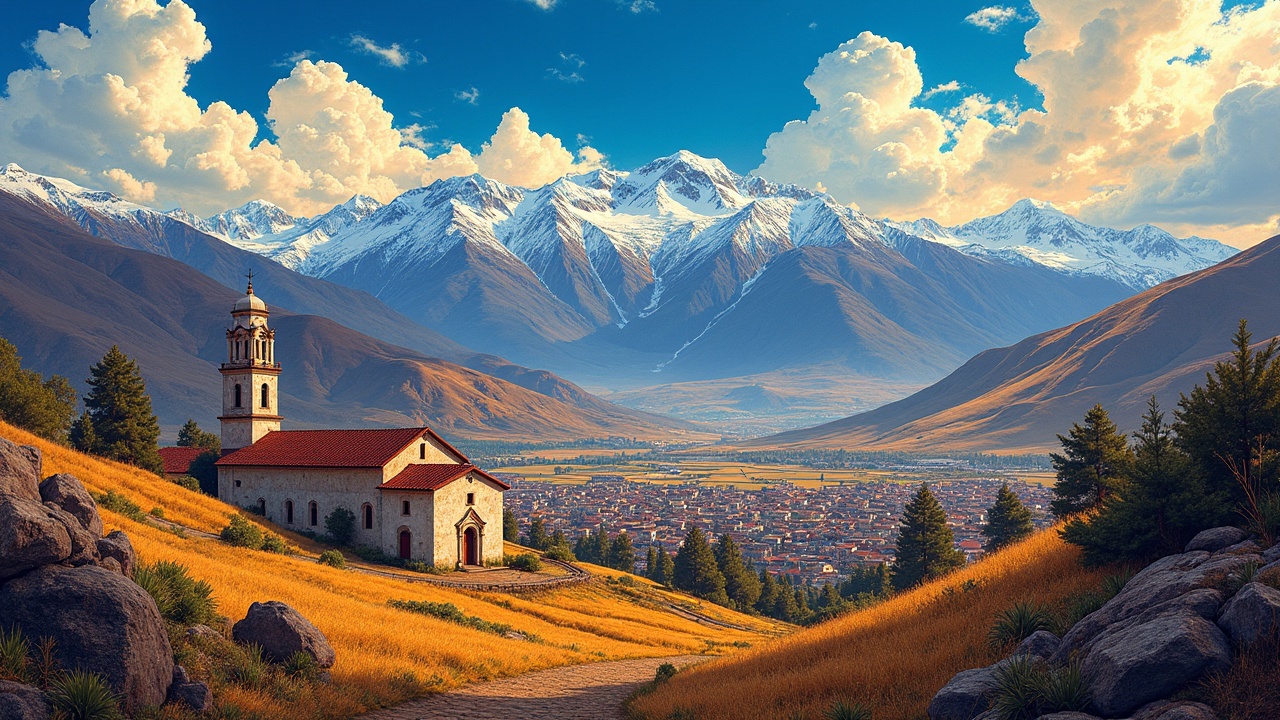 A picturesque scene unfolds with a small church nestled in the foreground, surrounded by golden grass and rolling hills. Beyond, a vast valley stretches out, leading to a bustling town framed by majestic, snow-capped mountains beneath a sky dotted with fluffy clouds. The image conveys a blend of tranquility and awe-inspiring natural beauty.