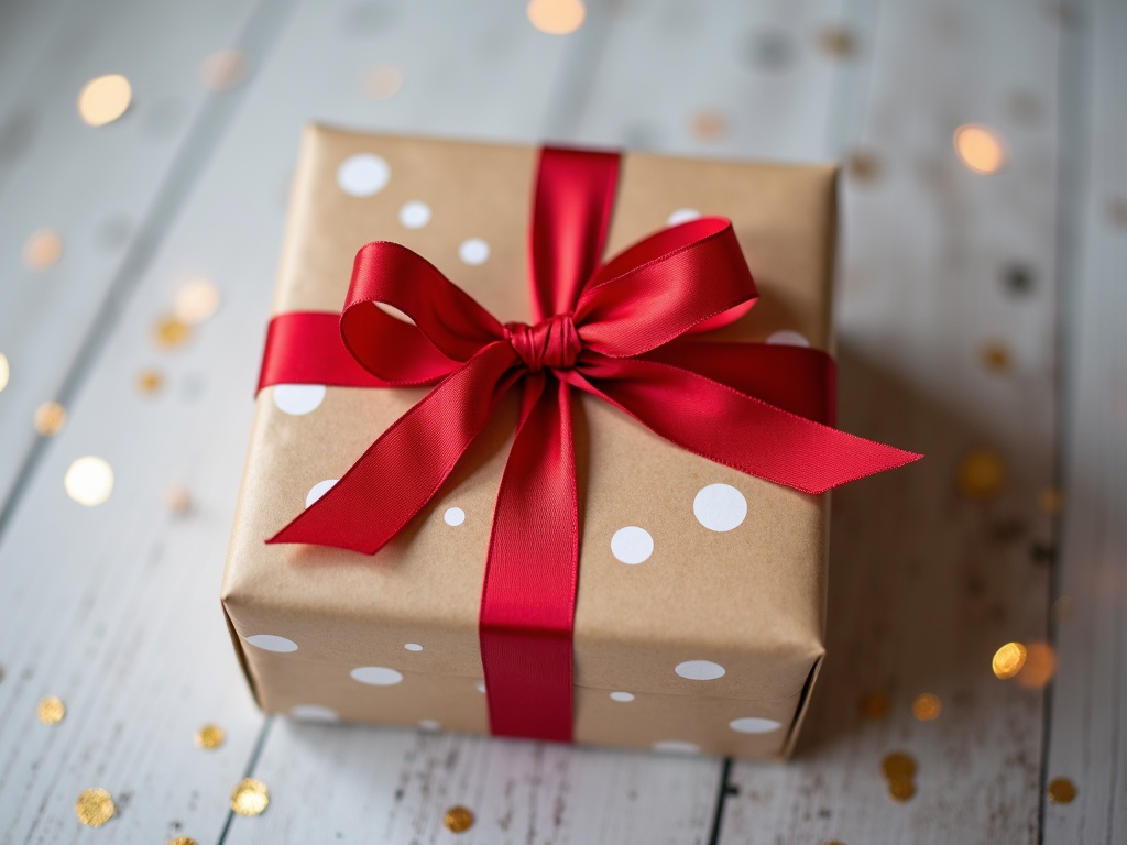 A neatly wrapped gift with a red ribbon and polka dot paper lies on a wooden surface.