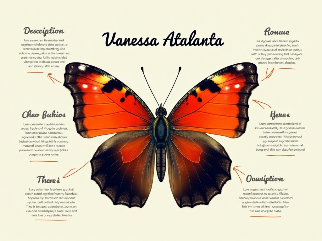 an illustration of Vanessa Atalanta butterfly with detailed annotations around it, showcasing different aspects of its anatomy, with a vintage and educational style