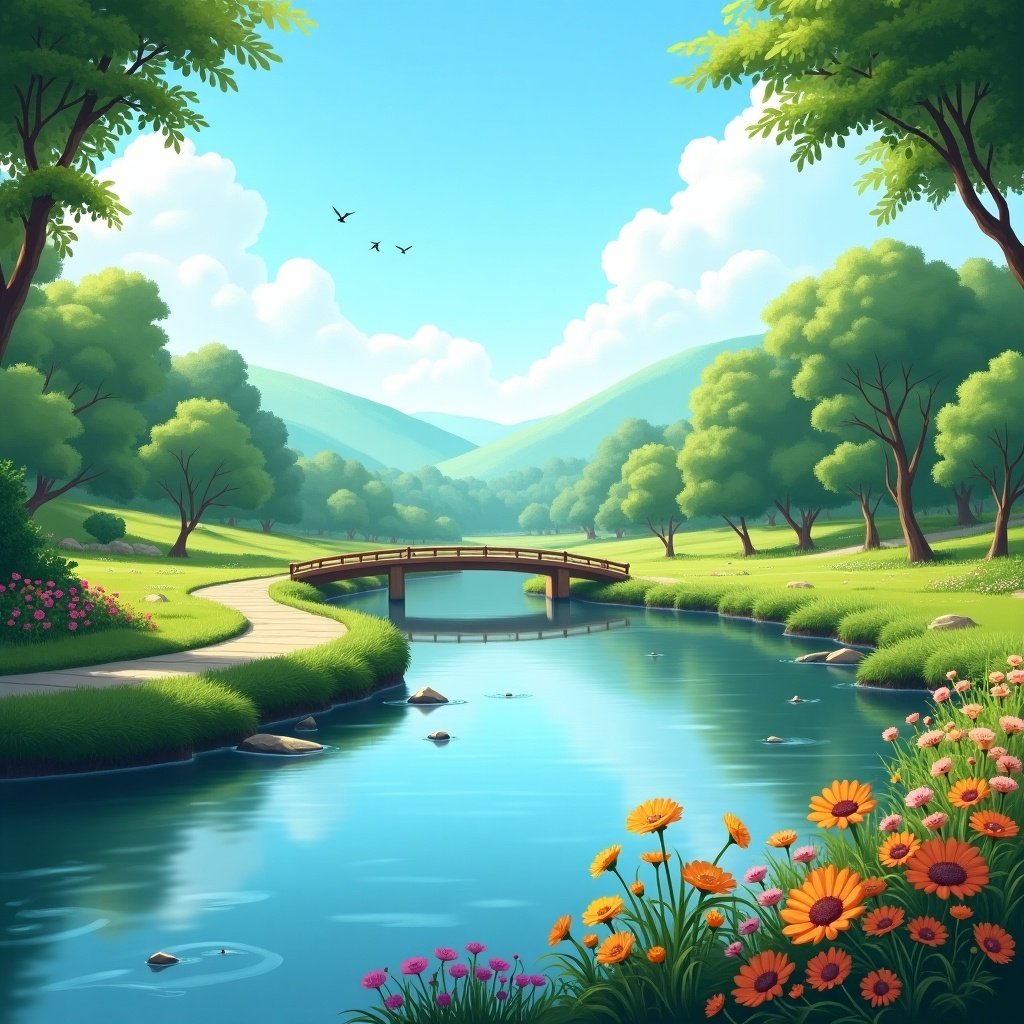 Bright and colorful landscape scene with a river and bridge. Lush green trees surround the water with bright, blooming flowers on the banks. Blue sky with fluffy white clouds and birds flying above. A peaceful and serene environment depicted.