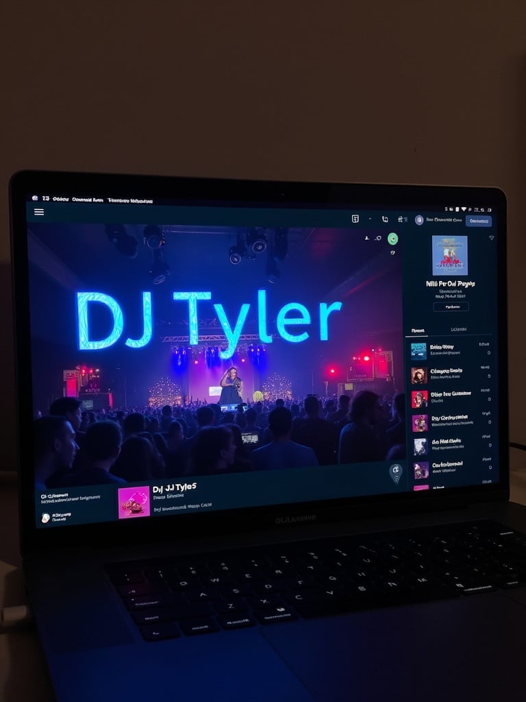 A dimly lit laptop screen displays a music streaming app. Vibrant nightlife scene with DJ at the forefront. DJ performing energetically on stage with lively crowd. Profile picture features text 'DJ Tyler' in blue glitch font. Night club setting with music ambiance.